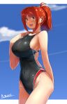  1girl a.nori absurdres artist_name blue_sky breasts brown_eyes brown_hair clouds commentary_request competition_swimsuit covered_navel cowboy_shot hand_on_own_chest highres large_breasts long_hair looking_at_viewer one-piece_swimsuit original ponytail sky solo swimsuit 