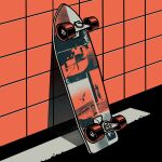  highres limited_palette minillustration monochrome no_humans original red_theme shadow skateboard tile_wall tiles wheel 