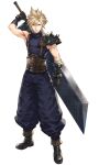  1boy armor armpits bandaged_arm bandages belt black_footwear blonde_hair brown_belt brown_gloves buster_sword clenched_hand closed_mouth cloud_strife eyebrows_visible_through_hair final_fantasy final_fantasy_vii full_body gloves green_eyes grey_background hair_between_eyes highres holding holding_sword holding_weapon huge_weapon looking_at_viewer makimura_shunsuke male_focus over_shoulder pauldrons puffy_pants scratches screw shoulder_armor simple_background single_pauldron solo spiky_hair standing sword sword_over_shoulder turtleneck weapon weapon_over_shoulder zipper zipper_pull_tab 