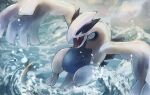 black_eyes commentary_request day fang gen_2_pokemon legendary_pokemon lugia momomo12 no_humans open_mouth outdoors pokemon pokemon_(creature) skin_fang toes tongue twitter_username water waves 