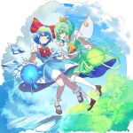  2girls 38_(sanjuuhachi) ascot bangs black_footwear blue_eyes blue_hair blue_shirt blue_skirt blue_sky bob_cut bobby_socks border bow bowtie cirno closed_mouth clouds cloudy_sky collared_shirt commentary daiyousei day fairy fairy_wings floating frilled_legwear green_eyes green_hair green_shirt green_skirt hair_bow hair_ribbon head_tilt highres holding_hands ice ice_wings interlocked_fingers kneehighs loafers looking_at_viewer medium_skirt multiple_girls one_side_up outdoors puffy_short_sleeves puffy_sleeves red_border red_neckwear ribbon shirt shoes short_hair short_sleeves single_horizontal_stripe skirt skirt_set sky smile socks touhou white_legwear wind wings yellow_neckwear yellow_ribbon 