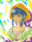  1girl bangs blue_hair collarbone dress frilled_dress frills green_dress hat highres multicolored multicolored_background original parted_lips red_ribbon ribbon shiny shiny_hair short_hair summer sweat user_80009 yellow_headwear 