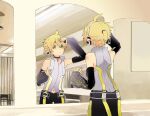  1boy adjusting_hair bare_shoulders bass_clef belt black_shorts black_sleeves blonde_hair commentary cowboy_shot d_futagosaikyou detached_sleeves from_behind green_eyes highres kagamine_len kagamine_len_(append) male_focus mirror navel pendant_choker reflection shirt short_ponytail shorts sleeveless sleeveless_shirt solo spiky_hair standing turtleneck vocaloid vocaloid_append 