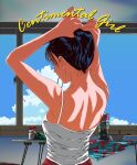 1girl adjusting_hair arms_up black_hair blue_sky building camisole can clouds cloudy_sky english_text from_behind highres indoors mouth_hold original ponytail shoulder_blades sky solo tree_13 upper_body white_camisole window 