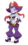  1girl bare_shoulders black_footwear blue_skin colored_skin earrings hand_on_hip hat high_heels highres jewelry navel pants pirate_hat purple_hair purple_pants red_eyes risky_boots shadow shantae_(series) simple_background skull_and_crossbones solo white_background wrist_cuffs yuta_agc 