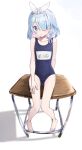  1girl 3: absurdres arona_(blue_archive) bare_legs barefoot blue_archive blue_eyes blue_hair blush bow collarbone commentary_request cottone_(highjethoo) desk flat_chest full_body hair_bow highres name_tag old_school_swimsuit school_desk school_swimsuit school_uniform short_hair simple_background sitting solo swimsuit white_background 