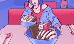  1girl blue_hair bowl cherry choker food fruit hand_up ice_cream indoors long_hair minillustration napkin open_mouth original pink_tank_top purple_shirt shirt sitting solo spoon tank_top 