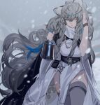  1girl absurdres animal_ear_fluff animal_ears arknights bell black_cape braid cape chinese_commentary cowboy_shot dress grey_eyes grey_hair grey_legwear hand_on_head highres holding holding_bell leopard_ears long_hair one_eye_closed outdoors pelvic_curtain pramanix_(arknights) snow solo thigh-highs thighs tiara twin_braids very_long_hair white_dress wristband yumingtongxue 