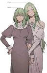  2girls arm_hug bangs blush breasts byleth_(fire_emblem) byleth_eisner_(female) closed_mouth dress fire_emblem fire_emblem:_three_houses green_eyes green_hair hair_between_eyes hand_on_hip height_chart height_difference highres ikarin long_hair long_sleeves multiple_girls off_shoulder pointy_ears rhea_(fire_emblem) simple_background white_background white_dress yuri 