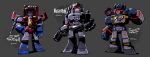 1980s_(style) 3boys aircraft airplane arm_cannon buttons cannon cassette_player chibi clenched_hand decepticon evil f-15_eagle fighter_jet hand_on_hip highres jet male_focus mecha megatron military military_vehicle multiple_boys open_hand p38 rariatto_(ganguri) red_eyes retro_artstyle shading shading_mismatch shiny shoulder_cannon smirk soundwave starscream symbol transformers twitter_username visor weapon wings 
