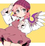  1girl alternate_headwear animal_ears bangs beanie bird_ears bird_wings brown_dress closed_mouth cowboy_shot dress earrings grey_eyes hat ini_(inunabe00) jewelry juliet_sleeves long_sleeves looking_at_viewer mystia_lorelei pink_hair puffy_sleeves purple_headwear short_hair single_earring solo touhou white_wings wings yellow_background 