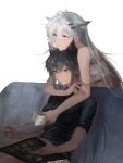  2girls animal_ears arknights bangs black_hair blue_eyes book breasts brown_eyes chinese_commentary closed_mouth commentary_request couch ear_piercing extra_ears eyebrows_visible_through_hair food grey_shirt hair_ornament hairclip highres holding holding_book holding_food hug hug_from_behind lappland_(arknights) long_hair medium_breasts mouth_hold multiple_girls naijiaer on_couch parted_lips piercing pocky reading scar scar_on_face shirt short_sleeves silver_hair simple_background sitting strapless texas_(arknights) tube_top very_long_hair white_background wolf_ears yuri 