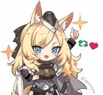  1girl :d animal_ear_fluff animal_ears arknights arm_up artist_name bangs black_headwear blonde_hair blue_eyes blush breasts cape chibi commentary cowboy_shot eyebrows_visible_through_hair hand_on_own_chest hat heart long_hair looking_at_viewer medium_breasts mini_hat open_mouth simple_background smile solo spacelongcat sparkle thumbs_up twitter_username whislash_(arknights) white_background white_cape 