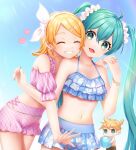  1boy 2girls :&lt; aqua_eyes aqua_hair aqua_nails ball bangs beachball bikini blonde_hair blue_bikini bow bracelet chibi chibi_inset closed_mouth collarbone commentary day earrings empty_eyes floral_print grin hair_bow hair_ornament hair_scrunchie hairband hairclip hatsune_miku heart highres holding holding_ball holding_beachball holding_hands hug hug_from_behind jewelry kagamine_len kagamine_rin long_hair looking_at_viewer male_swimwear matatabi_dango midriff multiple_girls navel open_mouth outdoors pink_bikini pink_nails scrunchie short_hair short_ponytail smile spiky_hair sunlight swept_bangs swim_trunks swimsuit twintails very_long_hair vocaloid white_bow 