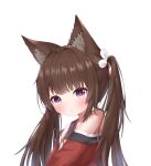  1girl :&lt; absurdres amagi-chan_(azur_lane) animal_ears armpit_peek azur_lane bangs blunt_bangs brown_hair commentary_request eyebrows_visible_through_hair fox_ears from_side highres long_hair looking_at_viewer looking_to_the_side n_(527959851) off-shoulder_kimono off_shoulder rope shimenawa sidelocks simple_background solo twintails violet_eyes white_background 