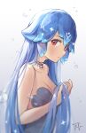  1girl absurdres bao_(vtuber) blue_hair breasts choker commentary dated english_commentary hair_between_eyes highres holding holding_hair indie_virtual_youtuber long_hair medium_breasts parted_lips red_eyes signature teeth tofumang virtual_youtuber 