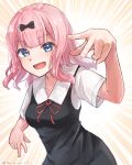  1girl artist_name blue_eyes bow breasts eyebrows_visible_through_hair fujiwara_chika hair_bow kaguya-sama_wa_kokurasetai_~tensai-tachi_no_renai_zunousen~ medium_hair open_mouth pink_hair school_uniform small_breasts smile solo 