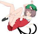  1girl ;d absurdres animal_ear_fluff animal_ears arm_up ascot ass bangs black_footwear blush breasts brown_eyes brown_hair cat_ears cat_tail chen commentary_request dress eyebrows_visible_through_hair floating foot_out_of_frame green_headwear hand_up hat highres looking_at_viewer lying mob_cap multiple_tails nekomata on_back one_eye_closed open_mouth outstretched_arm panties paw_pose puffy_short_sleeves puffy_sleeves red_dress shiisuu_rattamu short_hair short_sleeves simple_background small_breasts smile solo tail touhou two_tails underwear upskirt white_background white_legwear white_panties yellow_neckwear 
