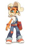  1girl animal_ears animal_nose belt blue_overalls body_fur bracelet coco_bandicoot crash_bandicoot_(series) earrings furry goggles goggles_on_head green_eyes heart highres jewelry looking_at_viewer orange_fur pink_footwear red_belt shadow shirt shoes short_sleeves simple_background solo two-tone_fur white_background white_shirt yuta_agc 