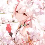  1girl bangs bare_shoulders breasts cherry_blossoms china_dress chinese_clothes closed_mouth dress fu_hua fu_hua_(phoenix) gloves hair_between_eyes honkai_(series) honkai_impact_3rd long_hair looking_at_viewer multicolored_hair petals qingxiao_kiyokiyo red_eyes red_gloves small_breasts smile solo streaked_hair white_hair 