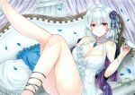  1girl absurdres azur_lane bare_shoulders blue_flower blue_ribbon blue_rose blush breasts cleavage collarbone commentary_request couch dress eyebrows_visible_through_hair flower hair_flower hair_ornament hair_ribbon highres large_breasts leg_up looking_at_viewer official_alternate_costume petals pillow purple_curtains purple_flower purple_rose red_eyes ribbon rose rose_petals short_dress short_hair signature silver_hair sirius_(azur_lane) sirius_(white_rose)_(azur_lane) sitting sleeveless sleeveless_dress solo traditional_media whipberry white_dress 