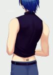  1boy artist_name back_tattoo barcode barcode_tattoo belt black_shirt blue_hair blue_pants commentary from_behind headset highres kaito_(vocaloid) kaito_(vocaloid3) male_focus nokuhashi pants shirt sleeveless sleeveless_shirt solo tattoo upper_body vocaloid 