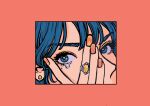  1girl bangs blue_eyes blue_hair border earrings hand_up highres jewelry looking_at_viewer minillustration mole mole_under_eye nail_polish original red_border ring shadow solo tears 