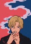  androgynous black_jacket blonde_hair blue_background blue_eyes cigarette flat_color highres holding holding_cigarette jacket limited_palette minillustration original red_background shadow short_hair smoke smoking solo two-tone_background 