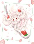 alcremie alcremie_(strawberry_sweet) closed_mouth cream food framed fruit gen_8_pokemon highres holding holding_spoon leaf looking_at_viewer nashimochi_4 no_humans pokemon pokemon_(creature) red_eyes solo spoon strawberry strawberry_slice 