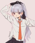  1girl alternate_hairstyle bangs black_gloves black_skirt collared_shirt cowboy_shot dangan_ronpa:_trigger_happy_havoc dangan_ronpa_(series) gloves grey_background hand_in_hair hands_up highres kirigiri_kyouko long_hair long_sleeves looking_at_viewer necktie orange_neckwear overine19 ponytail purple_hair shirt simple_background skirt solo untucked_shirt violet_eyes 