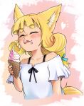  1girl animal_ears bangs black_bra black_neckwear black_ribbon blonde_hair blunt_bangs blush bow bra bra_strap collaboration colorized curly_hair doitsuken facing_viewer food food_on_face fox_child_(doitsuken) fox_ears fox_tail hair_bow hand_up heart holding ice_cream long_hair neck_ribbon off-shoulder_shirt off_shoulder original ribbon sakuraka_(oukaxbom) shirt short_eyebrows smile solo tail thick_eyebrows tongue tongue_out underwear upper_body white_shirt 