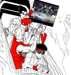 1girl artist_request baseball_cap black_hair blue_eyes boat breasts brown_hair comedy dougi fatal_fury fatal_fury_cap fingerless_gloves game_console gamecube gloves hat highres ken_masters kim_kaphwan long_hair male_focus mishima_kazuya multiple_boys muscular pants ponytail red_eyes ryu_(street_fighter) scar shiranui_mai shirtless short_hair simple_background smile splash_mountain street_fighter street_fighter_ii_(series) super_smash_bros. tekken television terry_bogard the_king_of_fighters thick_eyebrows vest watercraft yagami_iori