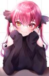  1girl black_shirt blush eyebrows eyebrows_visible_through_hair female heterochromia hololive houshou_marine looking_at_viewer pink_hair simple_background smile solo twintails virtual_youtuber 
