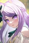  1girl animal_ears braid commentary_request dolce_(dolsuke) eyebrows_visible_through_hair hat highres horse_ears horse_girl long_hair looking_at_viewer mejiro_mcqueen_(umamusume) mini_hat open_mouth purple_hair solo umamusume upper_body violet_eyes white_headwear 