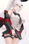  1girl bare_shoulders breasts earrings five-seven_(girls_frontline) five-seven_(gun) girls_frontline gun hair_ornament hairclip handgun high_ponytail highres jewelry large_breasts saturndxy solo weapon white_hair yellow_eyes 