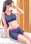  1girl absurdres bike_shorts black_hair blue_eyes blurry blurry_background breasts commentary glasses hair_ornament hairclip highres large_breasts long_hair midriff mu-pyon navel saitou_kaede_(yama_no_susume) sitting solo tank_top yama_no_susume 