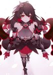  1girl antenna_hair bangs bare_shoulders full_body gloves hair_between_eyes hair_ornament honkai_(series) honkai_impact_3rd long_hair looking_at_viewer outstretched_arms qingxiao_kiyokiyo red_eyes red_gloves redhead seele_(alter_ego) seele_vollerei seele_vollerei_(starchasm_nyx) solo walking white_background 