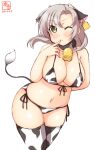  1girl alternate_costume animal_ears animal_print antenna_hair artist_logo bell bikini breasts commentary_request cow_ears cow_horns cow_print cow_tail cowbell dated ear_tag fake_animal_ears fake_horns front-tie_top green_eyes grey_hair highres horns kanon_(kurogane_knights) kantai_collection kinugasa_(kancolle) large_breasts leaning_forward medium_hair navel one-hour_drawing_challenge remodel_(kantai_collection) side-tie_bikini simple_background solo swimsuit tail white_background white_bikini white_legwear 
