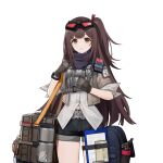  1girl bag brown_hair case clipboard clothing_cutout duffel_bag girls_frontline_2:_exilium gloves goggles goggles_on_head jacket long_hair mayling_shen_(girls_frontline_2) navel_cutout official_art shirt shorts solo thermos yellow_eyes 