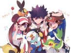  1girl 2boys ;) ;d bag bangs blue_eyes blue_jacket bow bright_pupils brown_eyes brown_hair closed_mouth commentary_request dated double_bun eyelashes fingerless_gloves gen_5_pokemon gloves highres holding holding_poke_ball holding_strap hugh_(pokemon) jacket legwear_under_shorts long_hair multiple_boys nate_(pokemon) number ohds101 ok_sign one_eye_closed open_mouth oshawott pantyhose pink_bow poke_ball poke_ball_(basic) pokemon pokemon_(creature) pokemon_(game) pokemon_bw2 raglan_sleeves rosa_(pokemon) short_hair short_shorts shorts smile snivy spiky_hair starter_pokemon_trio tepig tongue twintails upper_teeth visor_cap white_pupils yellow_eyes yellow_shorts zipper_pull_tab 