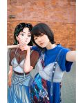  2girls arm_around_shoulder black_hair brick_wall earrings fashion grey_eyes highres jewelry long_hair multiple_girls original photo_background pink_nails selfie short_hair short_sleeves tree_13 upper_body v 