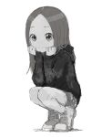  1girl bangs closed_mouth commentary_request forehead full_body greyscale hands_up highres jacket karakai_jouzu_no_takagi-san long_hair long_sleeves looking_at_viewer monochrome official_art parted_bangs shadow shoes short_shorts shorts sleeves_past_wrists smile solo squatting takagi-san tiptoes white_background yamamoto_souichirou 