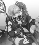 2girls ahoge antenna_hair arknights blush chinese_commentary crocodilian_tail d-pad d-pad_hair_ornament detached_sleeves flower gavial_(arknights) gloves goggles goggles_around_neck greyscale hair_flower hair_ornament hand_up highres holding holding_staff hood hood_down injury long_hair looking_at_viewer monochrome multicolored_hair multiple_girls partially_fingerless_gloves pointy_ears short_hair staff streaked_hair tail thighs tomimi_(arknights) tongue tongue_out torn_clothes torn_legwear torn_sleeve yumingtongxue yuri