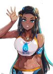  1girl abs black_hair blue_eyes blue_hair breasts dark_skin earrings highres hoop_earrings jewelry long_hair looking_at_viewer midriff multicolored_hair my700 navel nessa_(pokemon) pokemon pokemon_(game) pokemon_swsh simple_background solo waving white_background 