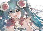 1girl aqua_eyes aqua_hair blush cape commentary flower flower_in_eye hair_flower hair_ornament hands_up hatsune_miku highres imamiya_pinoko jewelry long_hair looking_at_viewer magical_mirai_(vocaloid) open_mouth pendant smile solo string symbol_in_eye twintails upper_body very_long_hair vocaloid white_background white_flower 