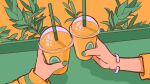  bracelet cup drinking_straw green_nails hands jewelry leaf long_sleeves minillustration original plant shadow yellow_background 