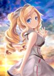  1girl blonde_hair blue_eyes breast_pocket clouds commentary_request cowboy_shot drill_hair faster_crisis headgear honolulu_(kancolle) kantai_collection long_hair looking_at_viewer pocket sleeveless solo star_(sky) sunset twin_drills v 