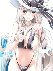  1girl aquila_(azur_lane) aquila_(sardegnian_shallows_and_sunshine)_(azur_lane) azur_lane bare_shoulders bikini black_bikini black_ribbon braid breast_hold breasts center_opening collar green_eyes gudon_(iukhzl) hat highleg highleg_bikini highres holding holding_spoon large_breasts light_brown_hair long_hair looking_at_viewer official_alternate_costume pina_colada ribbon simple_background single_braid solo spoon sun_hat swimsuit very_long_hair white_background white_collar white_headwear 