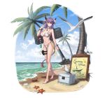  1girl absurdres animal_ears arknights bangs bare_arms bare_legs bare_shoulders barefoot beach bikini bird blue_sky breasts chinese_commentary clouds commentary_request crab crossed_legs day full_body hand_up highres horns looking_at_viewer lunn medium_breasts navel palm_tree purple_hair shadow short_hair sideroca_(arknights) sky solo standing starfish stomach swimsuit thigh_strap tree water watson_cross white_bikini yellow_eyes 