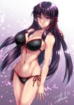  bikini black_bikini blush fortune_arterial hair_ribbon highres kuze_kiriha looking_at_viewer navel purple_hair red_ribbon ribbon shiny shiny_hair side-tie_bikini solo standing swimsuit takecha toned violet_eyes 